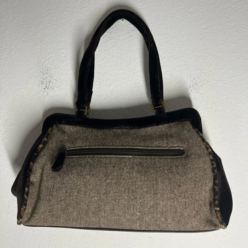 TWEED Wool Handbag w/ Velvet Leopard accent & Zipper pocket. Double handle.